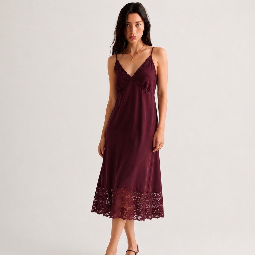 Old Navy Lace Trim Slip Midi Dress Womens Size S Burgundy Wine Romantic Silky